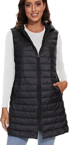 ELFJOY Women's Long Down Vest Zipper Lightweight Puffer Jackets with Hood in Kuwait