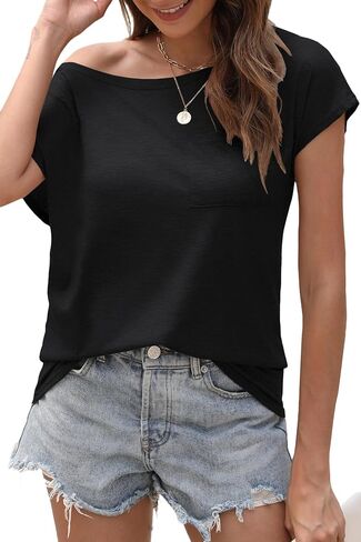 Halife Women's Off Shoulder Tops Boat Neck Short Sleeve T Shirts with Chest Pocket in Saudi Arabia