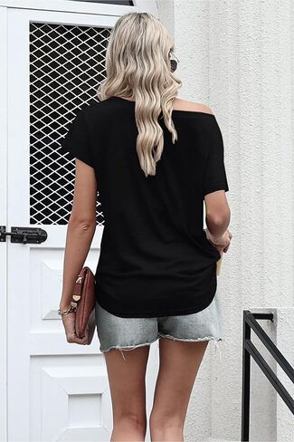 Halife Women's Off Shoulder Tops Boat Neck Short Sleeve T Shirts with Chest Pocket in Saudi Arabia