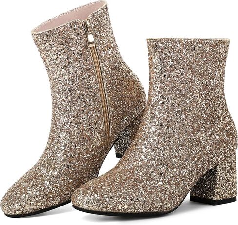 MAVMAX Women's Sequin Glitter Ankle Boots Chunky Heels Sparkly Booties in Saudi Arabia