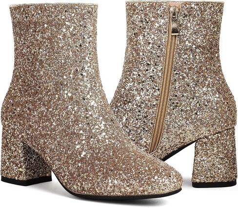 MAVMAX Women's Sequin Glitter Ankle Boots Chunky Heels Sparkly Booties in Saudi Arabia
