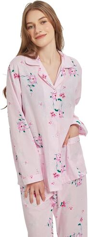 100% Cotton Pajamas For Women Long-Sleeve PJS set Cozy Button Down Sleepwear Boyfriend Loungewear S-3XL in Saudi Arabia