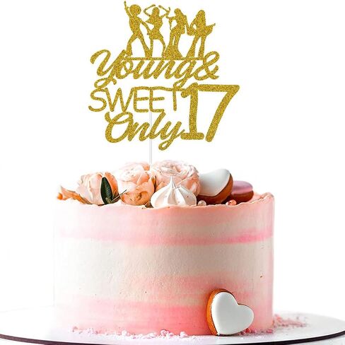 يونغ آند سويت أونلي 17 كعكة توبر، عيد ميلاد سعيد 17/هتاف حتى 17 عامًا، الملكة الراقصة 17، الفتيات الإناث النساء حفلة عيد ميلاد الديكور بريق ذهبي in Kuwait