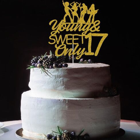 يونغ آند سويت أونلي 17 كعكة توبر، عيد ميلاد سعيد 17/هتاف حتى 17 عامًا، الملكة الراقصة 17، الفتيات الإناث النساء حفلة عيد ميلاد الديكور بريق ذهبي in Kuwait