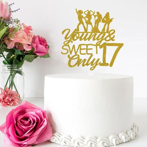 يونغ آند سويت أونلي 17 كعكة توبر، عيد ميلاد سعيد 17/هتاف حتى 17 عامًا، الملكة الراقصة 17، الفتيات الإناث النساء حفلة عيد ميلاد الديكور بريق ذهبي in Kuwait