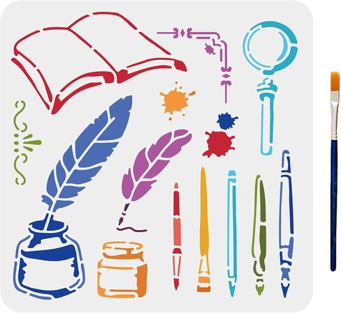 Pen Ink Book Stencils 11.8×11.8inch Large Study Supplies Stencil with Paint Brush Reusable Quill Magnifier Stencil Template for School Library Wall Wood Decor in Saudi Arabia