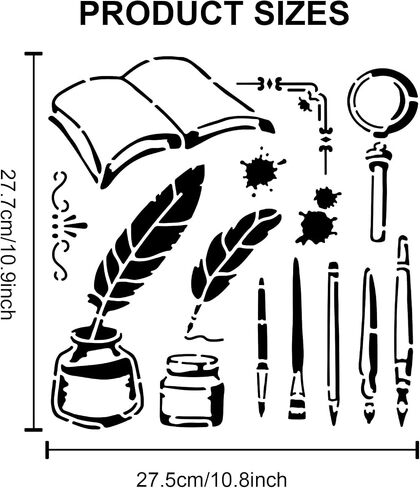 Pen Ink Book Stencils 11.8×11.8inch Large Study Supplies Stencil with Paint Brush Reusable Quill Magnifier Stencil Template for School Library Wall Wood Decor in Saudi Arabia