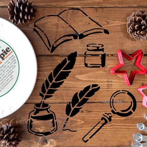 Pen Ink Book Stencils 11.8×11.8inch Large Study Supplies Stencil with Paint Brush Reusable Quill Magnifier Stencil Template for School Library Wall Wood Decor in Saudi Arabia