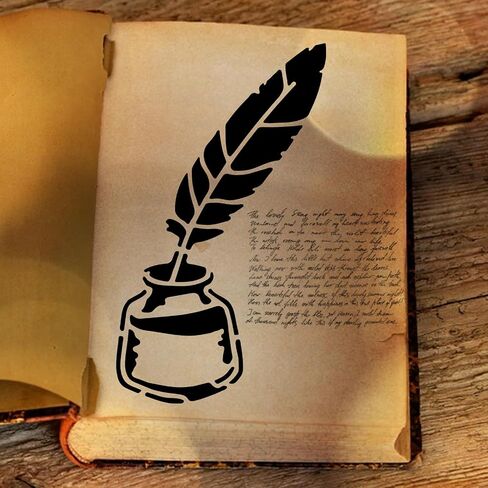 Pen Ink Book Stencils 11.8×11.8inch Large Study Supplies Stencil with Paint Brush Reusable Quill Magnifier Stencil Template for School Library Wall Wood Decor in Saudi Arabia