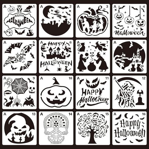 16 Pcs Halloween Decoration Stencils , Reusable Halloween Theme Painting Stencil Pumpkin Ghost Pattern Drawing Template for for Painting on Wood Walls Fabrics Windows in Saudi Arabia