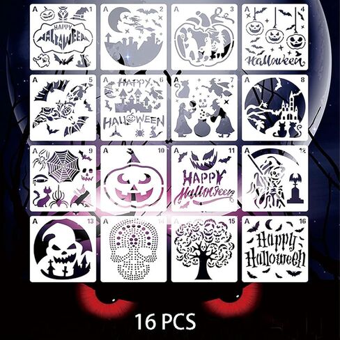 16 Pcs Halloween Decoration Stencils , Reusable Halloween Theme Painting Stencil Pumpkin Ghost Pattern Drawing Template for for Painting on Wood Walls Fabrics Windows in Saudi Arabia