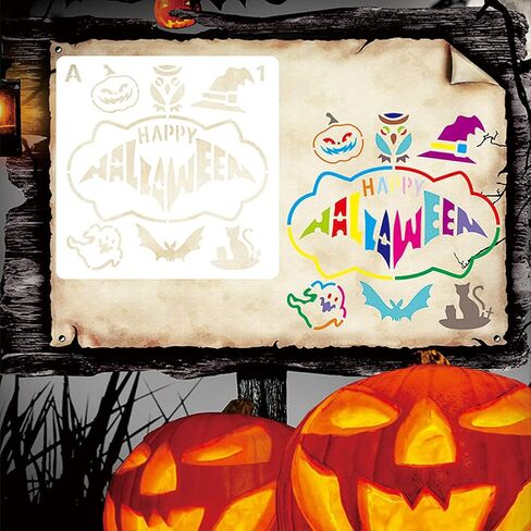 16 Pcs Halloween Decoration Stencils , Reusable Halloween Theme Painting Stencil Pumpkin Ghost Pattern Drawing Template for for Painting on Wood Walls Fabrics Windows in Saudi Arabia