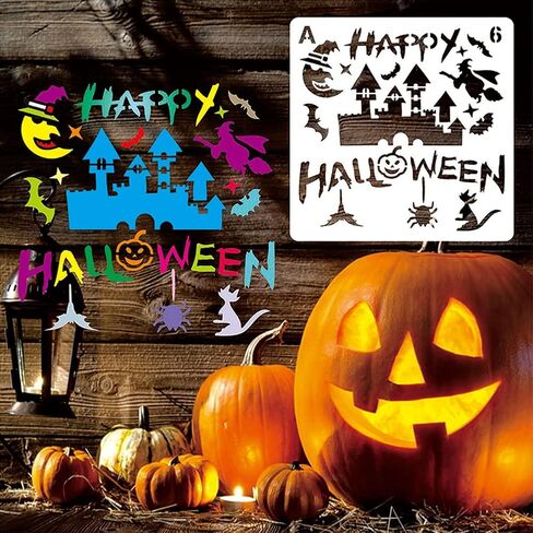 16 Pcs Halloween Decoration Stencils , Reusable Halloween Theme Painting Stencil Pumpkin Ghost Pattern Drawing Template for for Painting on Wood Walls Fabrics Windows in Saudi Arabia