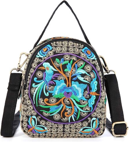 Embroidery Canvas Shoulder Bag Women Vintage Boho Mini Crossbody Bag Handbag Cell Phone Pouch in Saudi Arabia