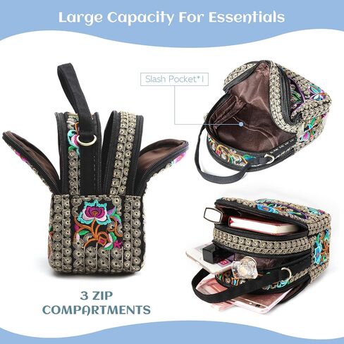Embroidery Canvas Shoulder Bag Women Vintage Boho Mini Crossbody Bag Handbag Cell Phone Pouch in Saudi Arabia
