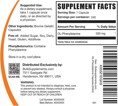 BulkSupplements.com DL-Phenylalanine Capsules - DLPA Capsules, DL-Phenylalanine 500mg - DLPA Supplements, Gluten Free - 2 Capsules per Serving, 240 Capsules (Pack of 1) in Saudi Arabia