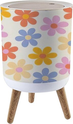 Trash Can with Lid Kitchen Bathroom Bedroom 1.8 Gallon Press Cover Floral Style 70s Groovy Daisy Flowers Retro Floral Naive Design Style Wood Small Garbage Bin Wastebasket Office Waste Bin in Saudi Arabia