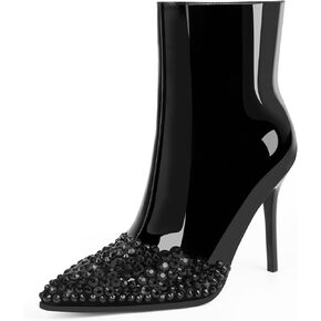 Women's Stiletto High Heel Ankle Boots Rhinestone Closed Pointed Toe with Side Zipper Sexy String Bead Patent Leather Dress Party Shoes