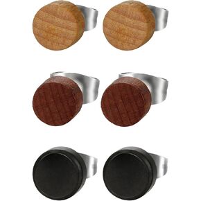 OIDEA 6 Pairs 8MM Stainless Steel Wood Stud Earrings Men, Pierced Post Wood Earrrings for Men Women