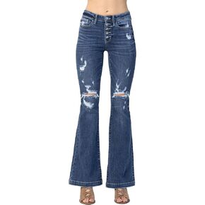 Judy Blue Women's Mid-Rise Button Fly Trouser Flare Jeans with Destroyed Details