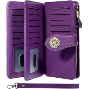 Travelambo Womens Wallet Large Capacity RFID Blocking Genuine Leather Wristlet Wallets