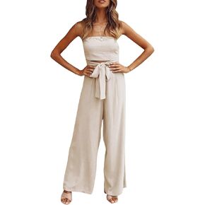 SEMATOMALA Women's Beach Tube Top Wide Leg Jumpsuit Maxi Romper Strapless Off Shoulder Cutout Waist Knot Tie Belt Playsuit