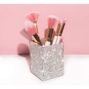 TISHAA Bling Bling Spark Crystal حامل القلم حامل صندوق منظم للمكتب والمكتب والمكتب المنزلي يتلقى حافظة (كريستال أبيض مربع)
