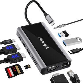 USB C Docking Station, Ahmnyali 11 in 1 Multiport USB C Hub, Triple Display, with Dual HDMI, VGA, PD, Ethernet, 3*USBs, Mic/Audio, SD/TF Card Reader for MacBook and Windows and Other USB C Laptops