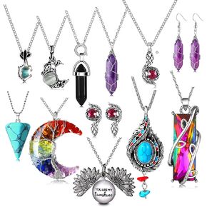 14 Pcs Vintage Crystal Pendant Necklaces Earrings for Women Girls, Chakra Healing Amethyst Necklace, Tree Life Crescent Moon Crystal Pendant Necklaces, Bohemian Retro Sunflower Necklace Snake Pendants