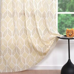 Green Curtains for Living Room, 96 Inch Length Geometric Leaf Pattern Linen Curtains Light Filtering Printed Leaves Curtains Drapes for Dining Sliding Doorway Closet, 1 Panel