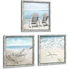 Ocean Pictures Wooden Wall Art: Beach Artwork Framed Home Decor Set of 3 Seascape Pathway Surfboard Starfish Collection Prints for Bedroom