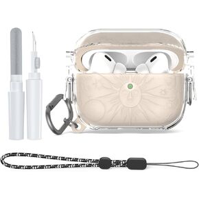for Airpods Pro 2nd/1st Generation Case with Lock, Sun and Moon Engraved Airpod Pro Case 1&2 Protective Cover with Cleaner Kit&Keychain&Lanyard for AirPods Pro 2nd/1st Gen (Off White)