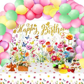 58 Pcs Wildflower Party Decorations Happy Birthday Wildflower Backdrop Banner Tablecloth Balloons Kit Floral Spring Summer Flower Party Supplies for Girls Women Birthday Picnic Baby Shower