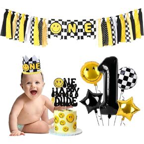 One Happy Dude High Chair Banner Boy 1st Birthday Decorations One Happy Dude Cake Toppers Birthday Crown Balloons Birthday Party Decorations Hippie Groovy High Chair Garland