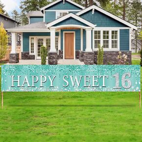 Luxiocio 16th Birthday Decorations, Teal Silver Happy Sweet 16 Banner for Girls, Breakfast Blue Sweet 16 Birthday Yard Banner Sign Party Supplies, Large Sweet Sixteen Year Old Birthday Decor