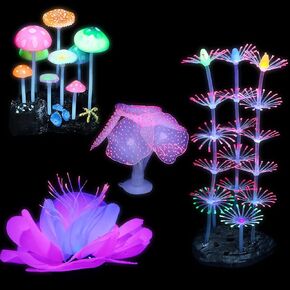 4 Pack Glowing Fish Tank Decorations Plants, Glow Aquarium Decorations, Glowing Mushroom Coral Plant Ornaments