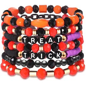 NVENF 2PCS Halloween Bracelets for Women Girls Pumpkin BOO Ghost Charm Bracelets Black Bead Stretch Bracelet Set Costume Party Gifts
