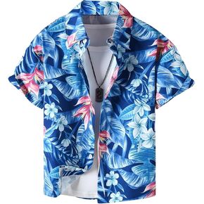 Floerns Boy's Tropical Button Down Short Sleeve Collared Loose Blouse Shirts