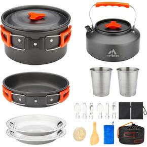 17pcs Camping Cookware Mess Kit, Non-Stick Pot Pan 1.1L Kettle Set with 2 set Stainless Steel Cups Plates Forks Knives Spoons for Hiking,Camping,Backpacking,Outdoor Cooking and Picnic