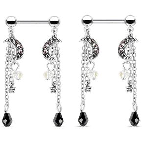 CZ Crystal Star and Moon Chain Bead Dangle Nipple Barbells, Sold as a Pair