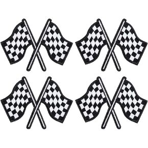 4Pcs Checkered Racing Flag Iron-on Patches, Embroidered Appliques Patch Black White Auto Racing Finish Line Flag Sew on Patch for Repairing Holes Hats Jackets Bags Jeans DIY Decoration
