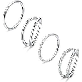 Dochais 4PCS 18G Nose Rings Hoops, Surgical Steel Earrings Tragus Septum Piercing CZ Clicker Septum Ring Hinged Segment Septum Conch Lip Cartilage Double Hoops 8mm 10mm For Women Men