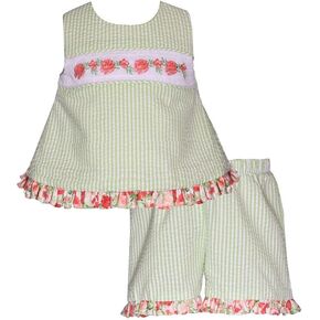 Bonnie Jean Girls Size 3M-6X Seersucker Embroidered Smocked Top Shorts Set