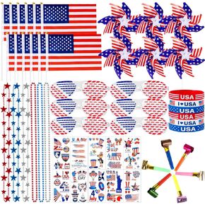 92Pcs 4th of July Accessories Patriotic Party Supplies Fourth of July Favor Includes USA Flags Tattoos Stickers Necklaces Glasses Pinwheels Bracelet Blowouts Independence Day USA Party Decorations