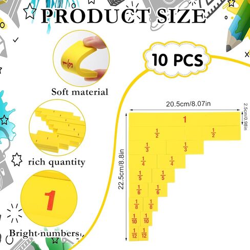 10 Sets of 51 Pcs Fraction Tiles Fraction Manipulatives Classroom Set Fraction Strip Fraction Bar Bulk Montessori Math Materials for Kids Early Math Teaching Elementary School Supplies, Yellow in Saudi Arabia