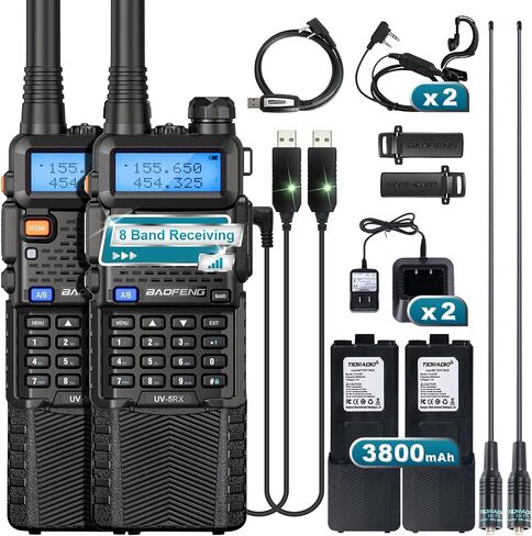 BAOFENG 5RX Ham Radio Handheld, Multi-Band Receiving Two-Way Radio, AirBand Long Range Walkie Talkies with Rechargeable 3800mAh Battery, One Key Frequency Match, Airband, SCAN, VOX, 2 Packs (Black) in Saudi Arabia