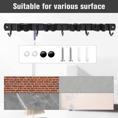 حامل الممسحة والمكنسة على الحائط 4 رفوف و5 خطافات منظم المكنسة رفوف أدوات التخزين من الفولاذ المقاوم للصدأ خطافات شديدة التحمل للمنزل والمطبخ والحديقة ومرآب الغسيل in Kuwait