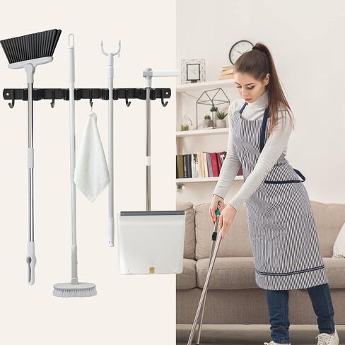 حامل الممسحة والمكنسة على الحائط 4 رفوف و5 خطافات منظم المكنسة رفوف أدوات التخزين من الفولاذ المقاوم للصدأ خطافات شديدة التحمل للمنزل والمطبخ والحديقة ومرآب الغسيل in Kuwait