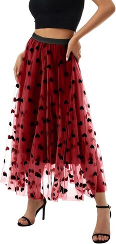 Women Tutu Tulle Skirt Elastic High Waist Layered Skirt Floral Print Mesh A-Line Midi Skirt in Kuwait