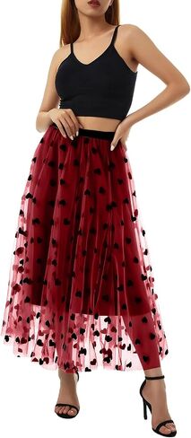 Women Tutu Tulle Skirt Elastic High Waist Layered Skirt Floral Print Mesh A-Line Midi Skirt in Kuwait